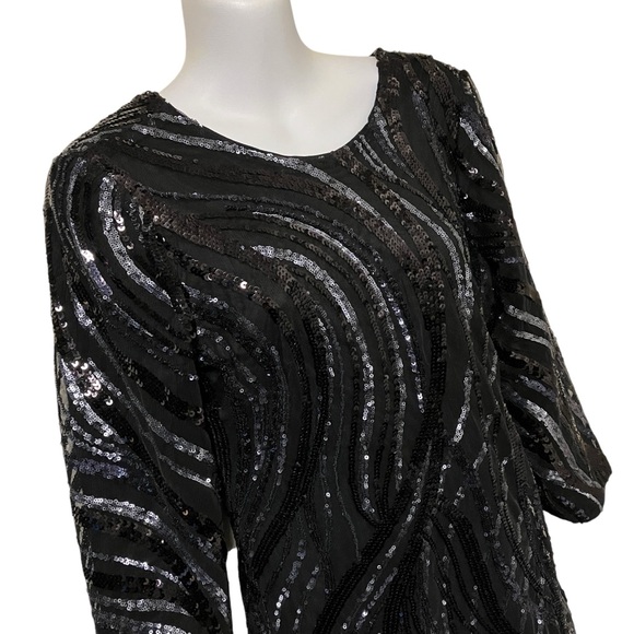Express Black & Silver Sequin Mini Dress 3/4 Sleeves Deep V Cut Out Back - Picture 7 of 12